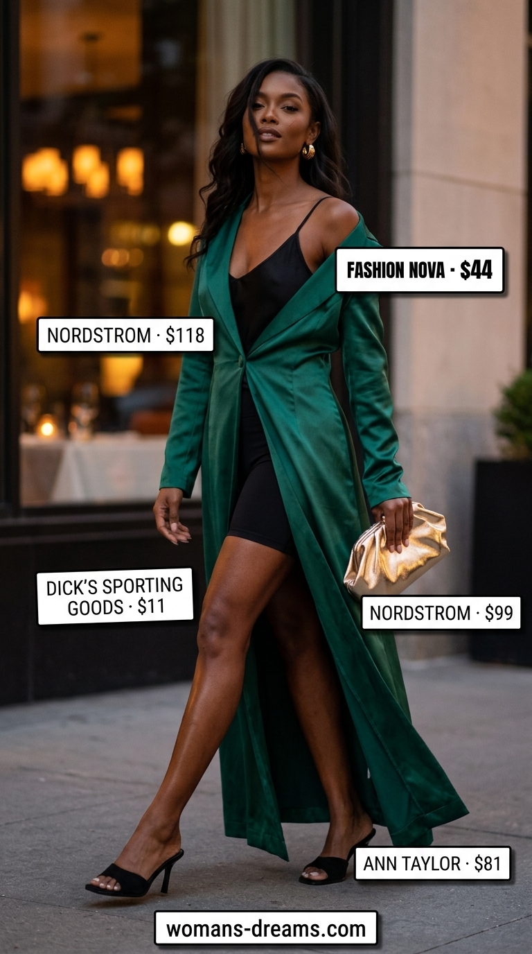 Emerald green satin blazer with black biker shorts and silk cami for evening summer outfits 2026.