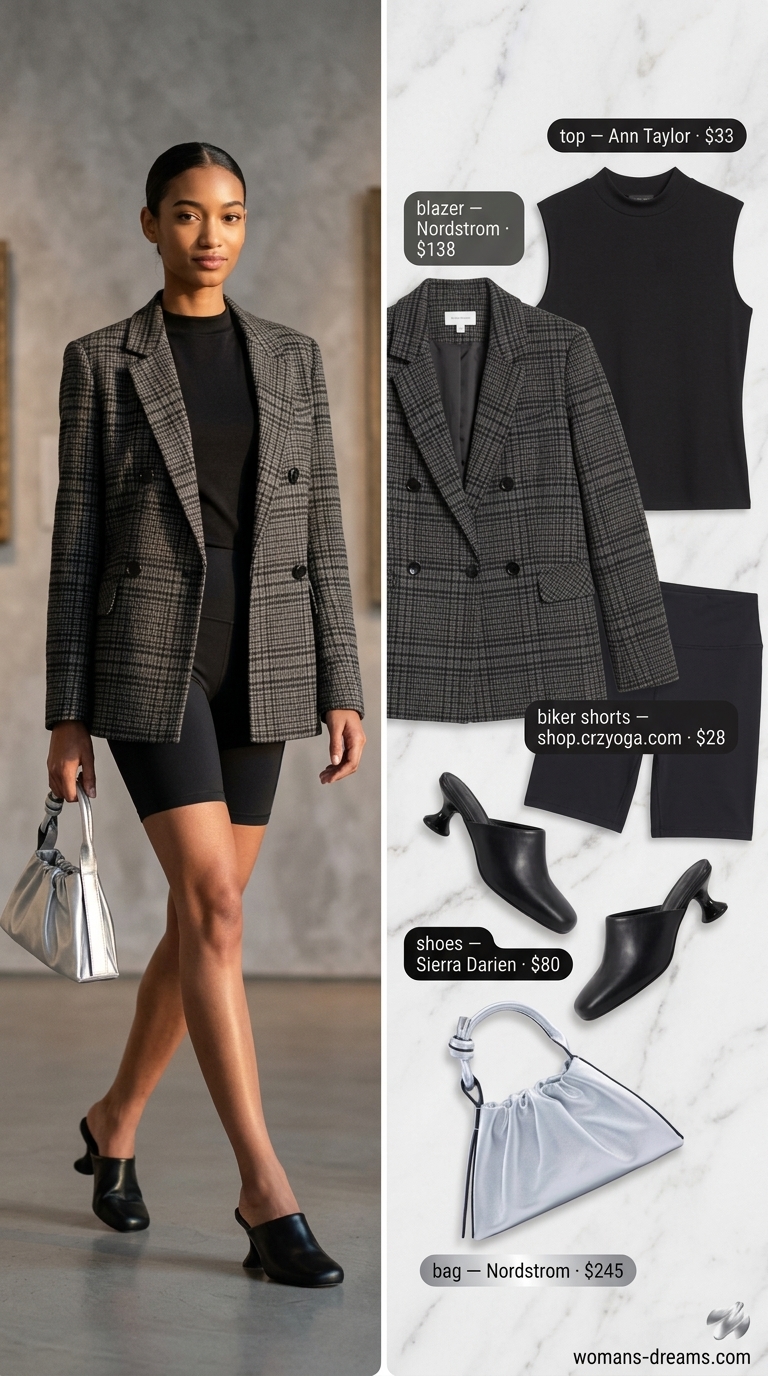 Biker shorts with blazer outfits summer for women 2026: Plaid blazer, black top, black biker shorts for gallery opening.