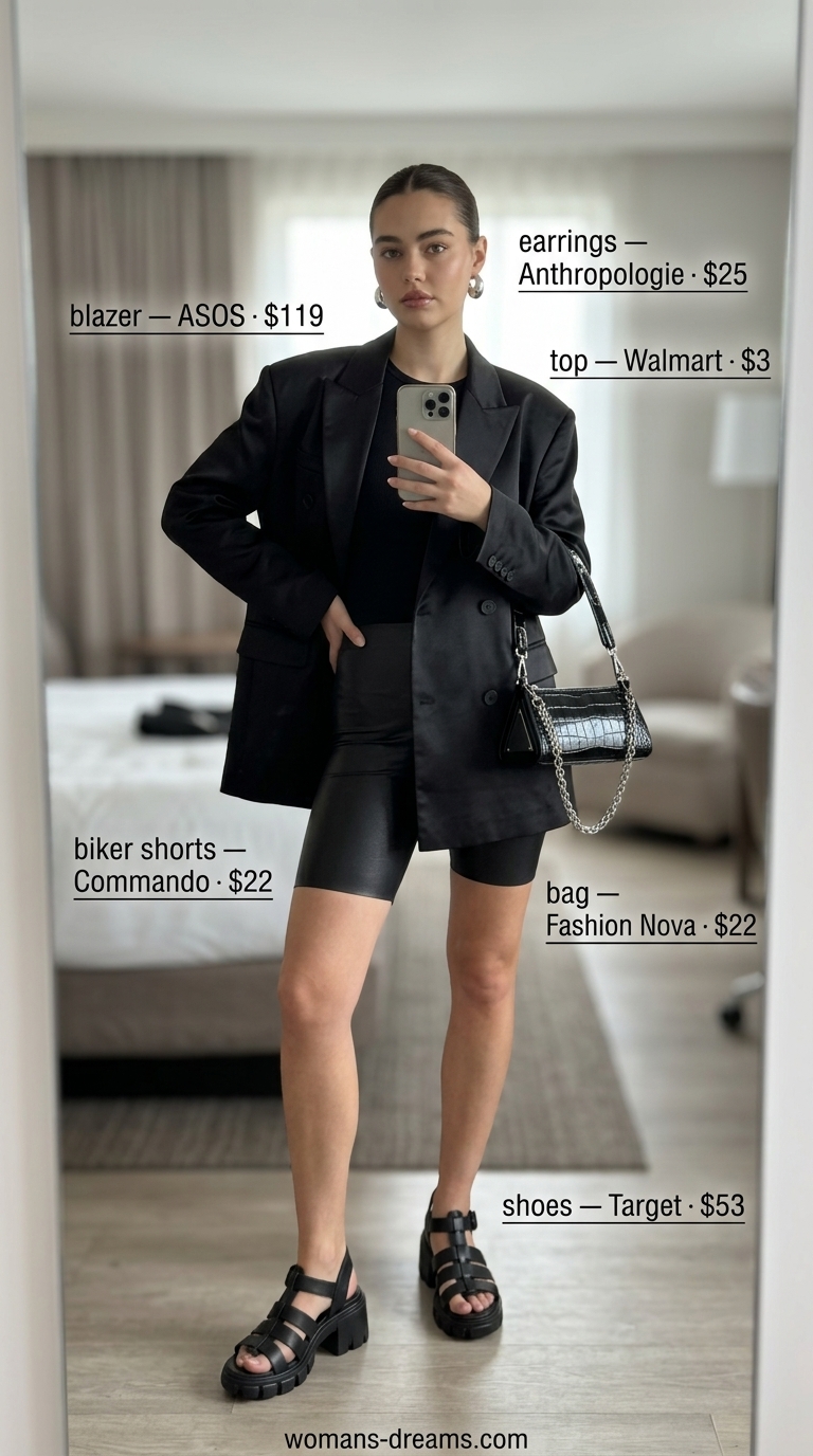 Biker shorts with blazer outfits summer for women 2026: All black outfit, oversized blazer, faux leather biker shorts, combat sandals.