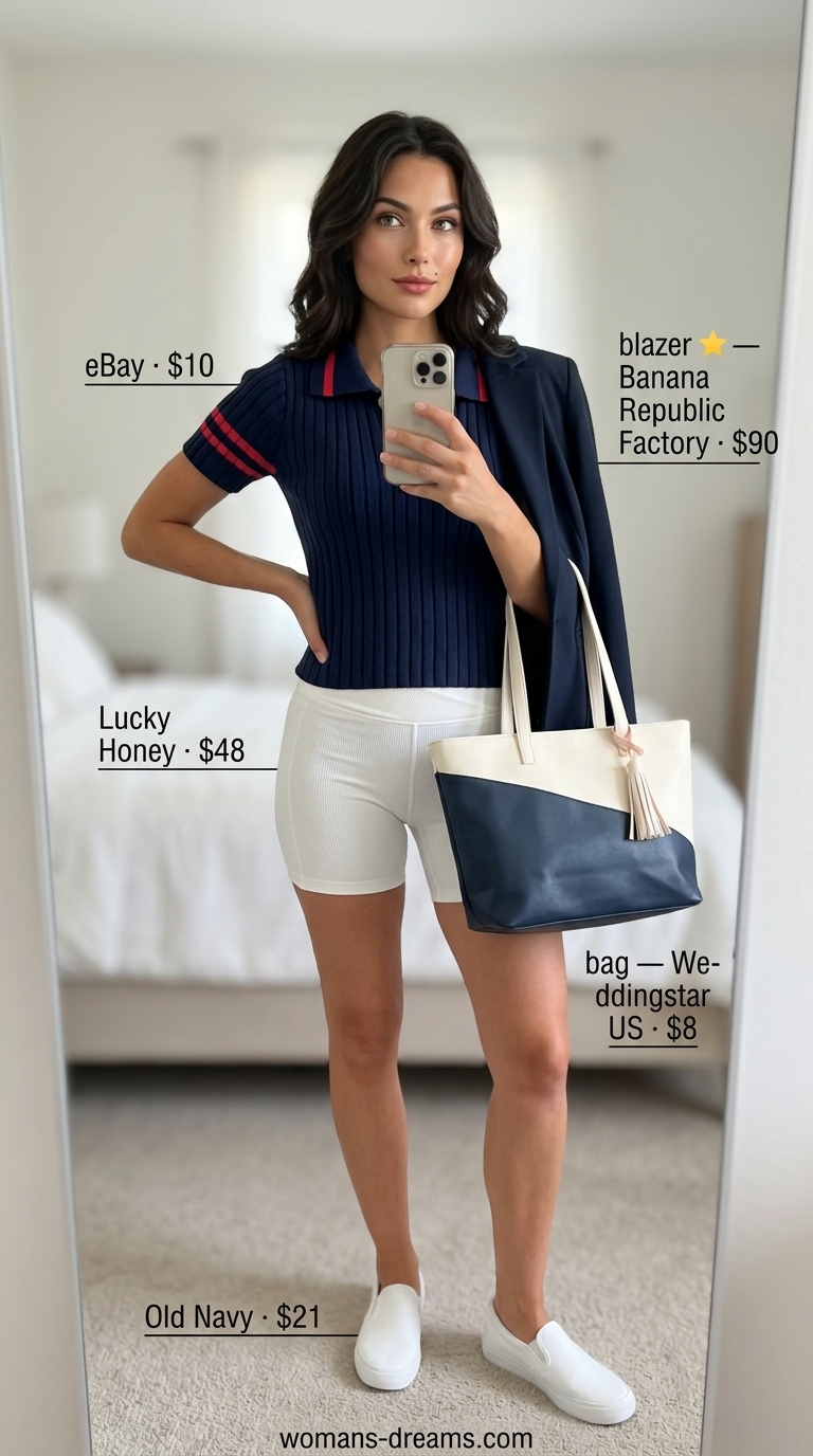 Navy blazer with white striped polo and white biker shorts for nautical summer outfits 2026.