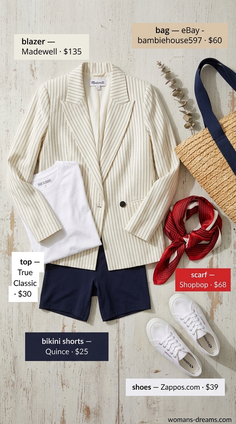 Biker shorts with blazer outfits summer for women 2026: Navy striped blazer, white tee, navy biker shorts for a nautical weekend.