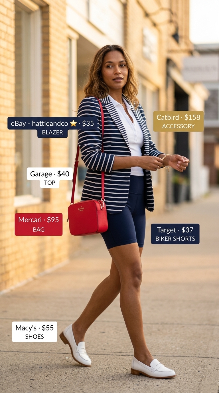 Biker shorts with blazer outfits summer for women 2026: Navy striped blazer, white polo, navy biker shorts, white loafers, red crossbody bag.