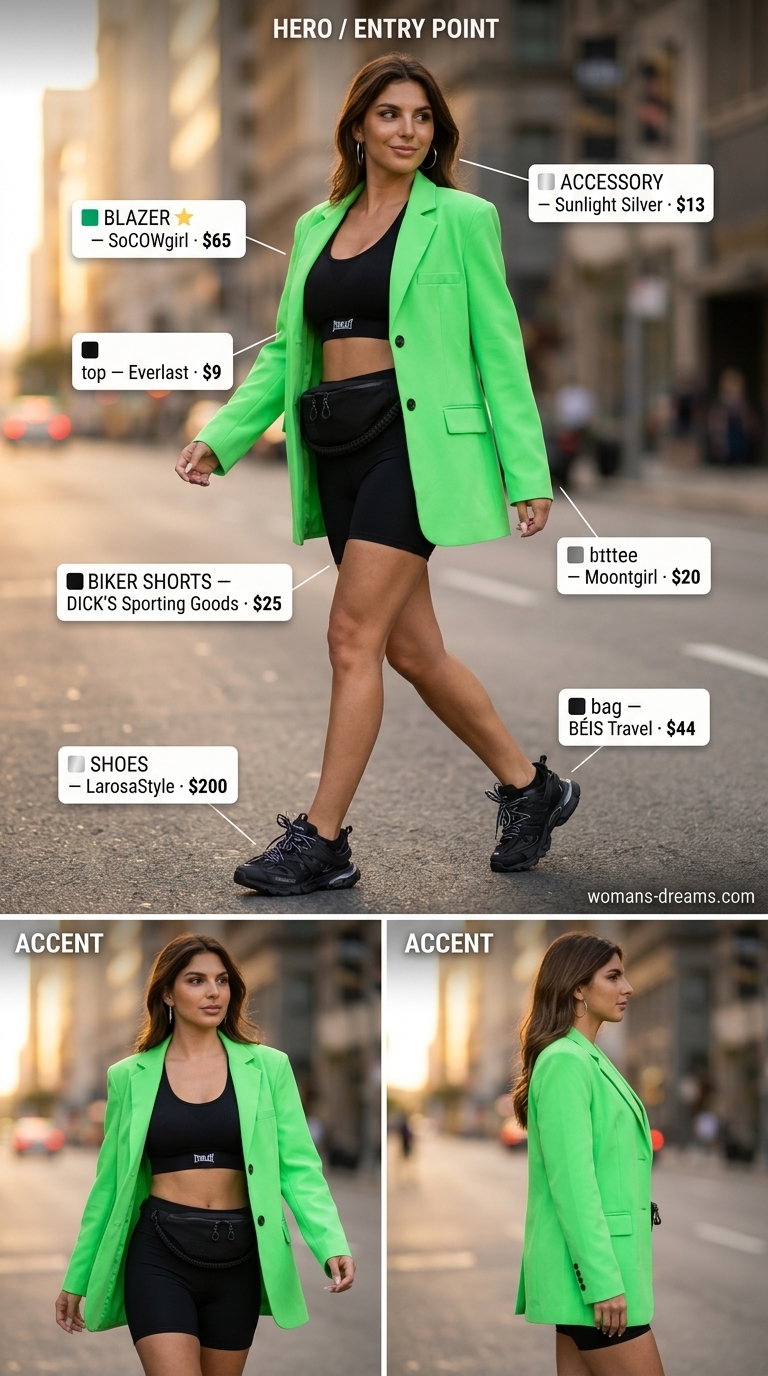 Biker shorts with blazer outfits summer for women 2026: Neon green blazer, black biker shorts, sneakers for urban exploration.