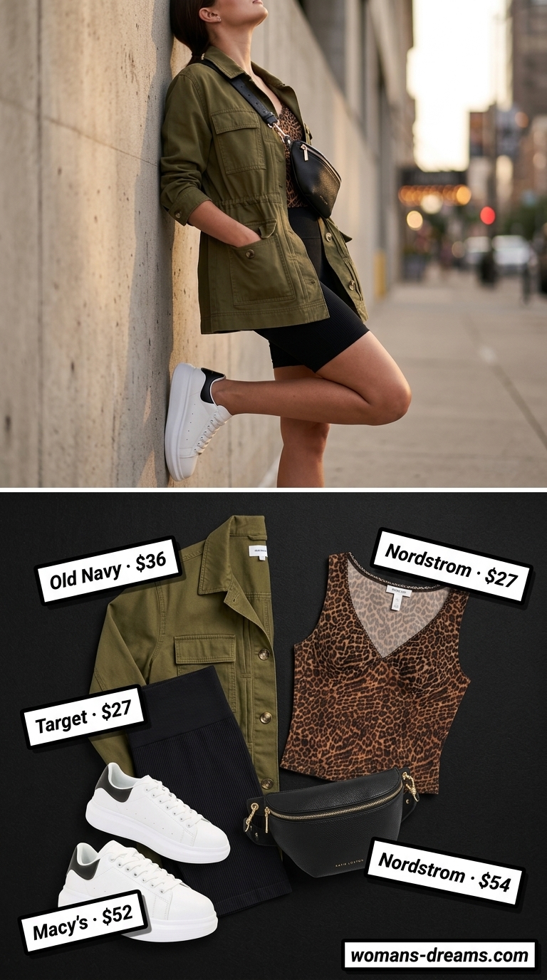 Biker shorts with blazer outfits summer for women 2026: Olive green utility blazer, black biker shorts, leopard print crop top, platform sneakers.