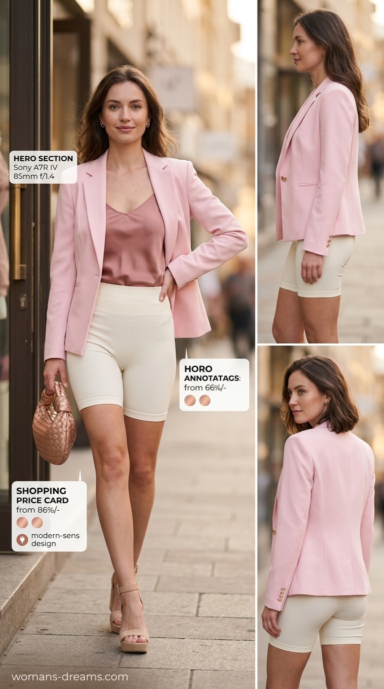 Biker shorts with blazer outfits summer for women 2026: Pastel pink blazer, white cami, white biker shorts, nude sandals for a garden party.