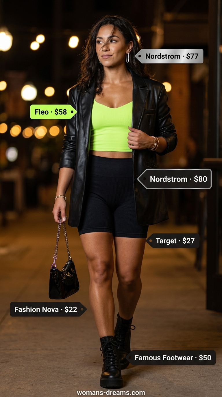 Biker shorts with blazer outfits summer for women 2026: Black blazer, neon green top, black biker shorts for concert.