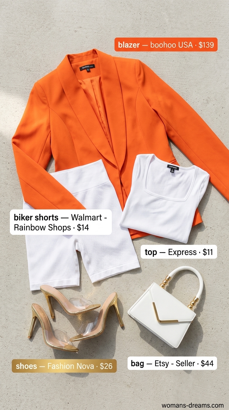 Biker shorts with blazer outfits summer for women 2026: Orange blazer, white crop top, white biker shorts for summer party.