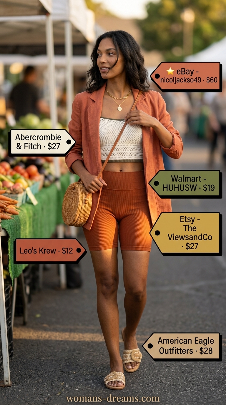 Terracotta linen blazer with terracotta biker shorts and crochet bralette for boho summer outfits 2026.