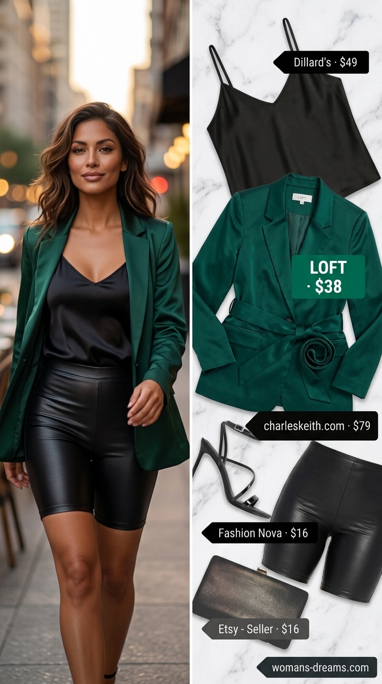 Biker shorts with blazer outfits summer for women 2026: Emerald green blazer, black cami, black faux leather biker shorts for date night.