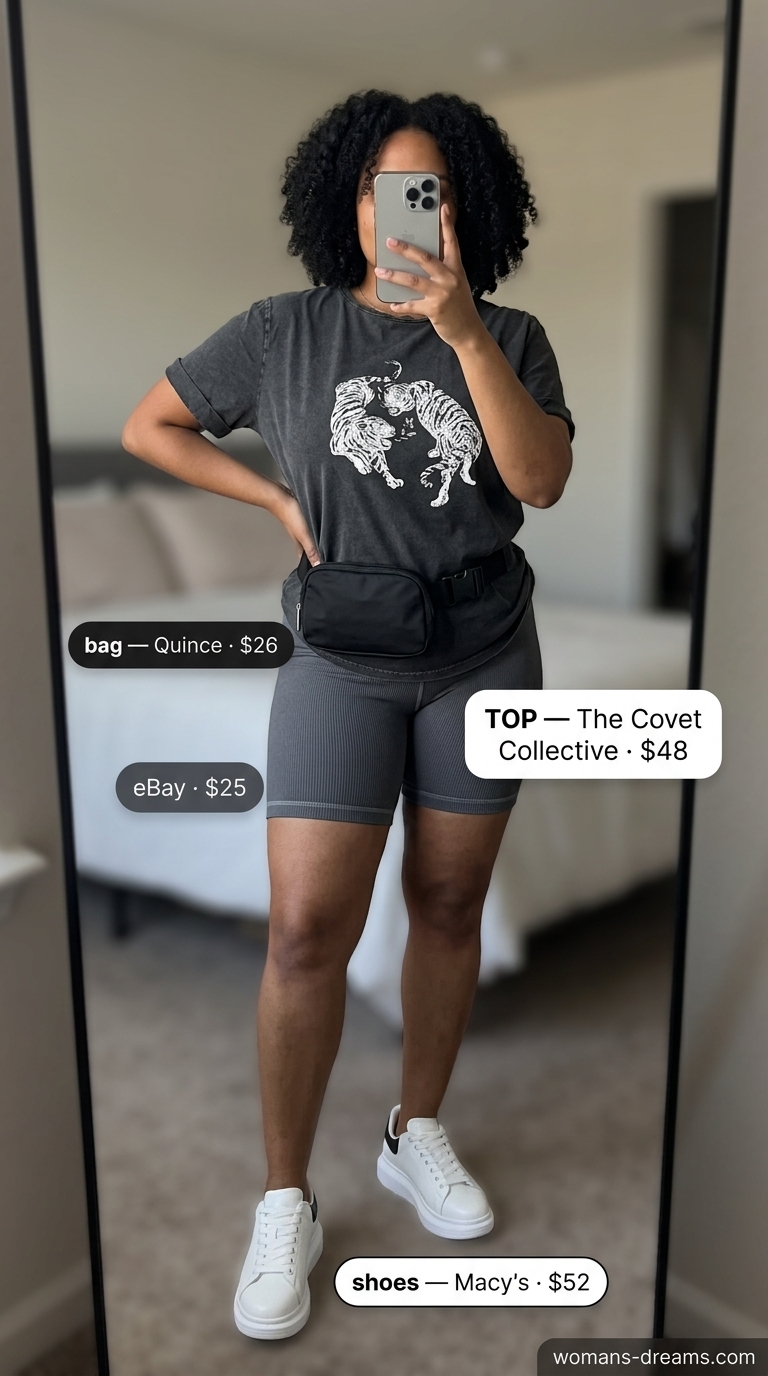 Beige blazer with grey biker shorts and graphic tee for urban summer outfits 2026.