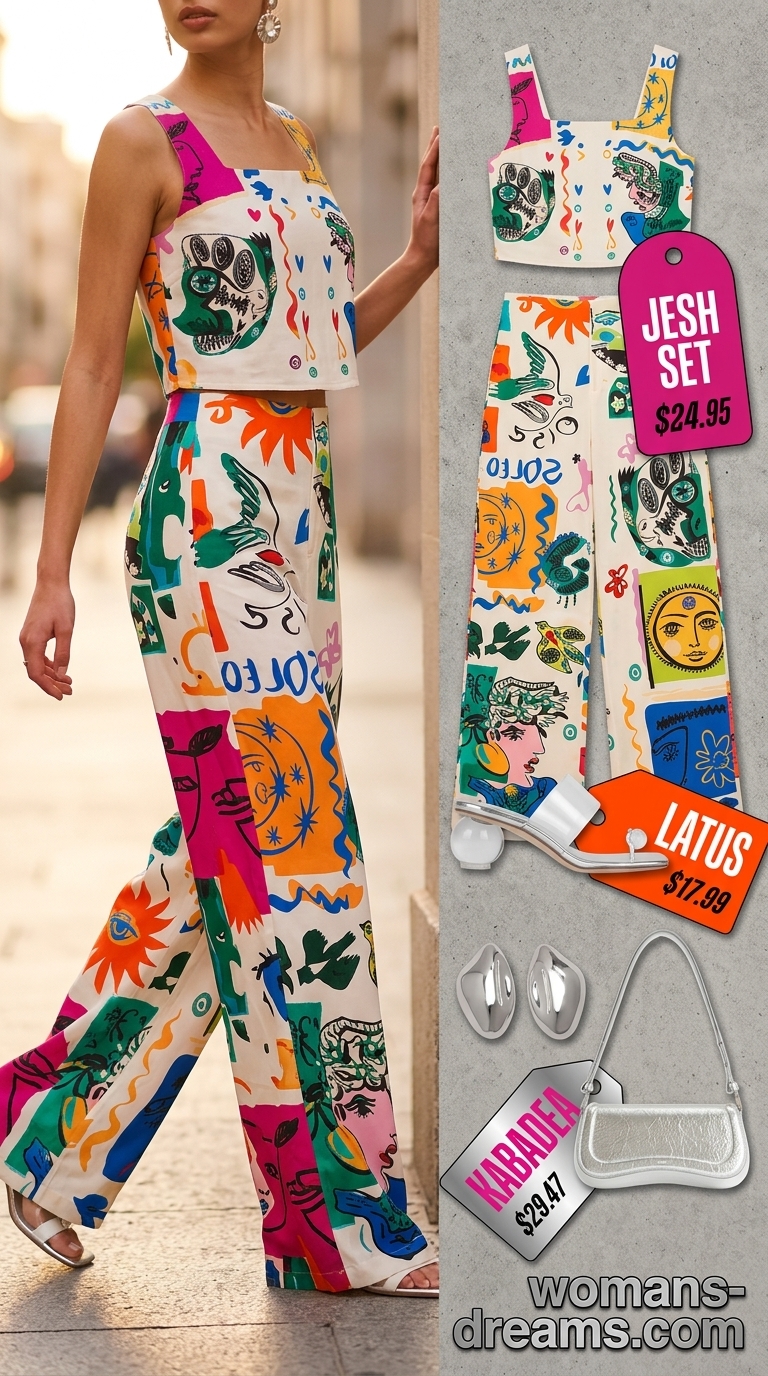 Bold fuchsia and orange abstract print set with metallic accessories. Bold summer fashion outfits for women 2026.