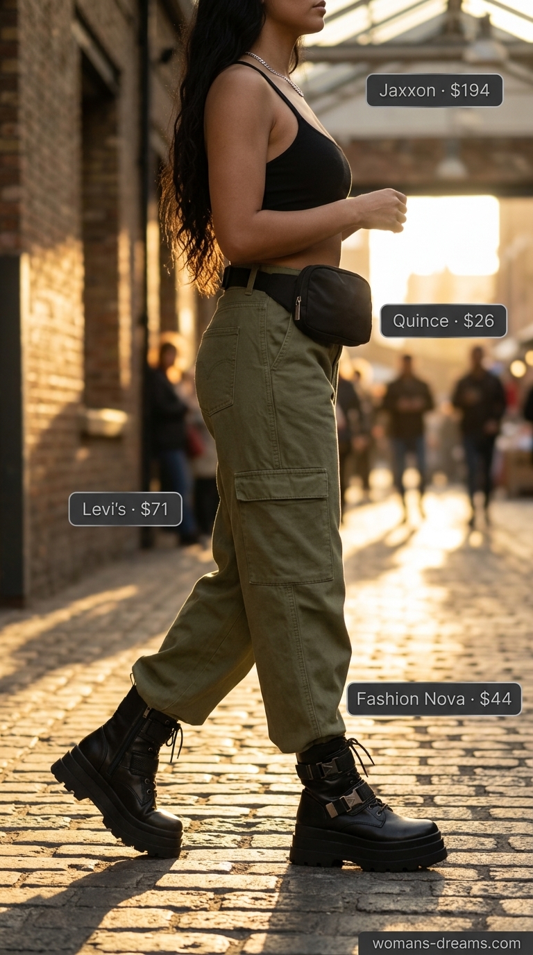 Olive green cargo pants with black tank and combat boots. Bold summer fashion outfits for women 2026.