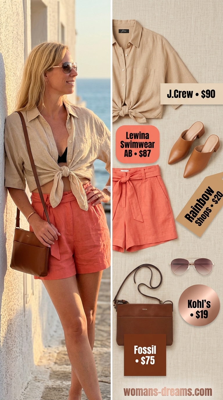 Coral linen shorts with white oversized shirt and mules. Bold summer fashion outfits for women 2026.