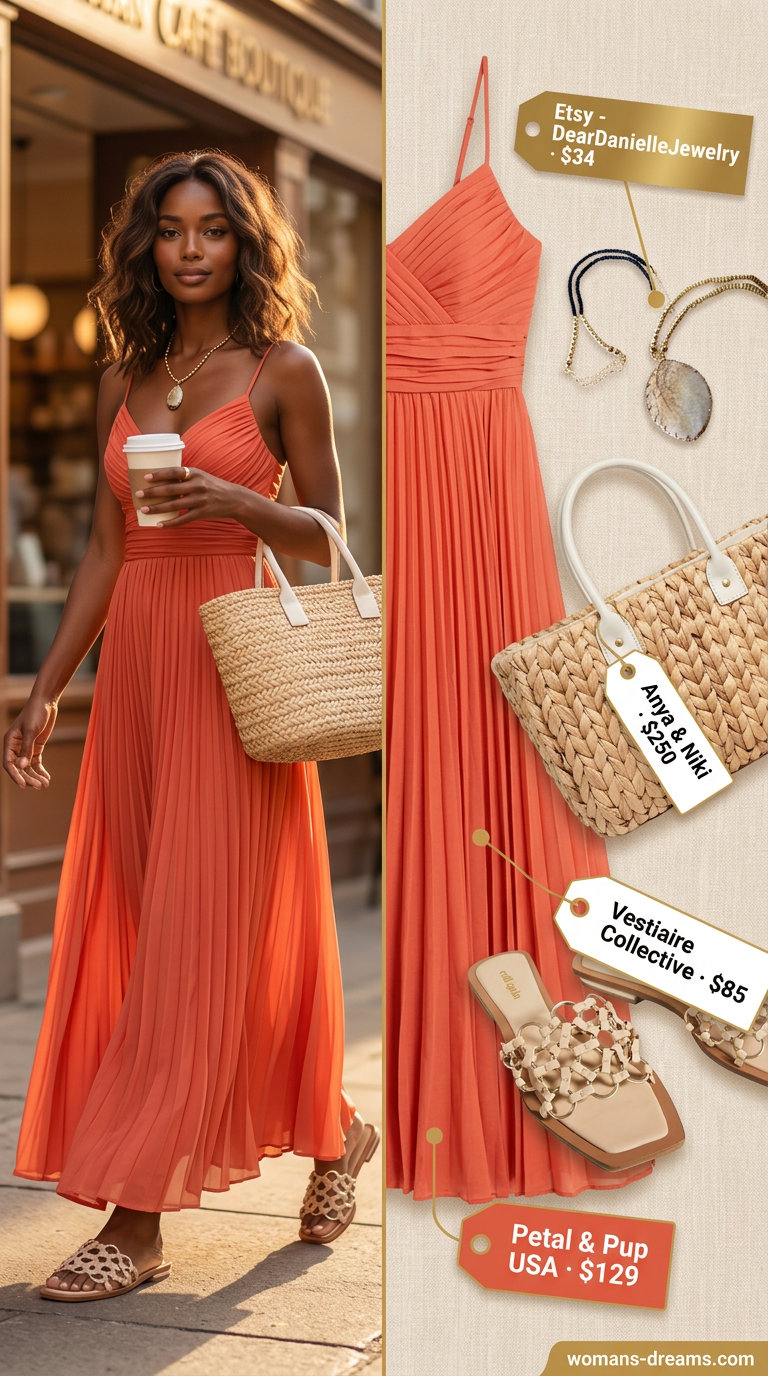 Bold summer fashion outfits for women 2026: Coral maxi dress, straw tote, layered necklaces for beachside dinner.
