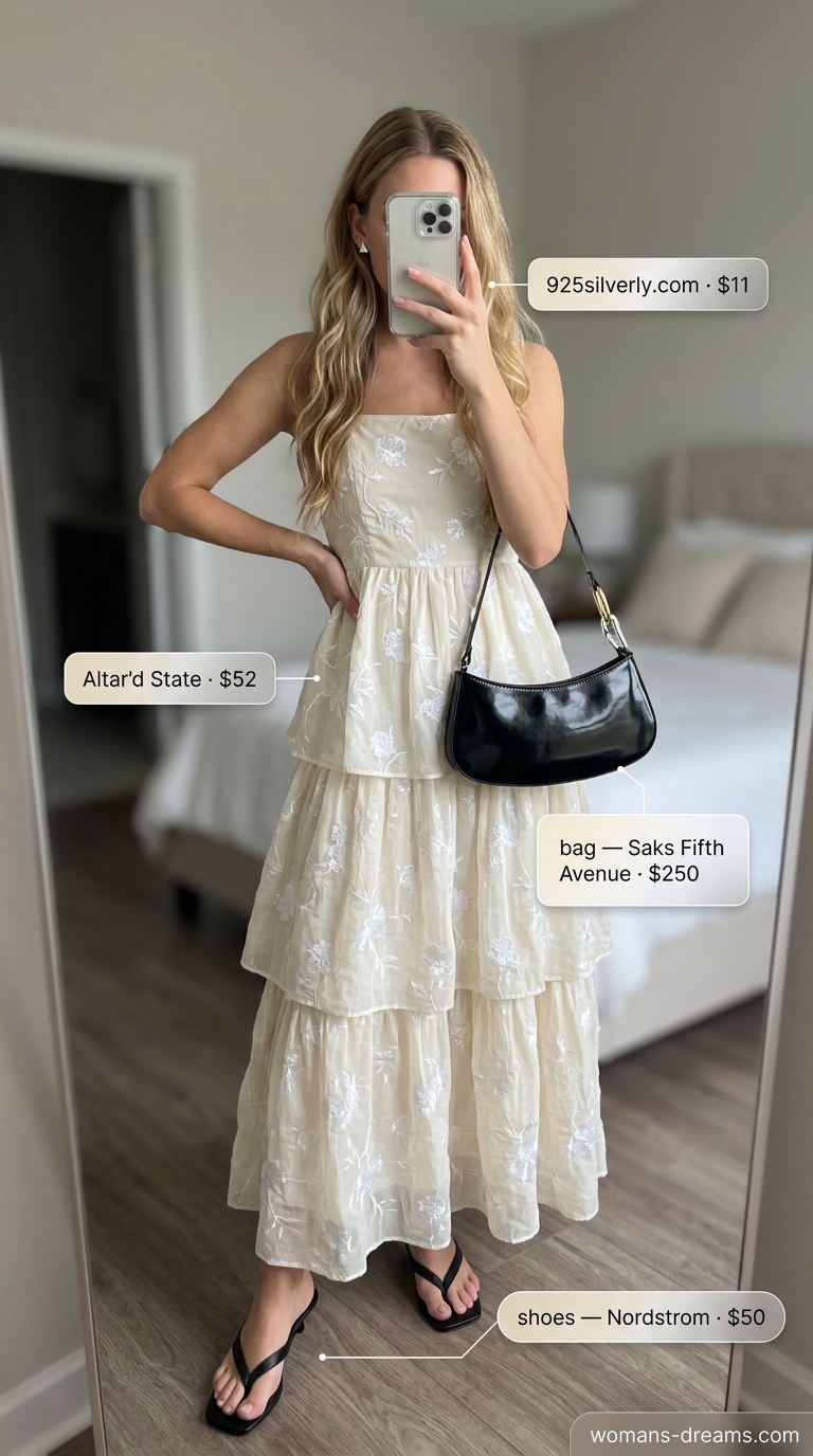 Cream maxi dress with black accessories. Bold summer fashion outfits for women 2026.