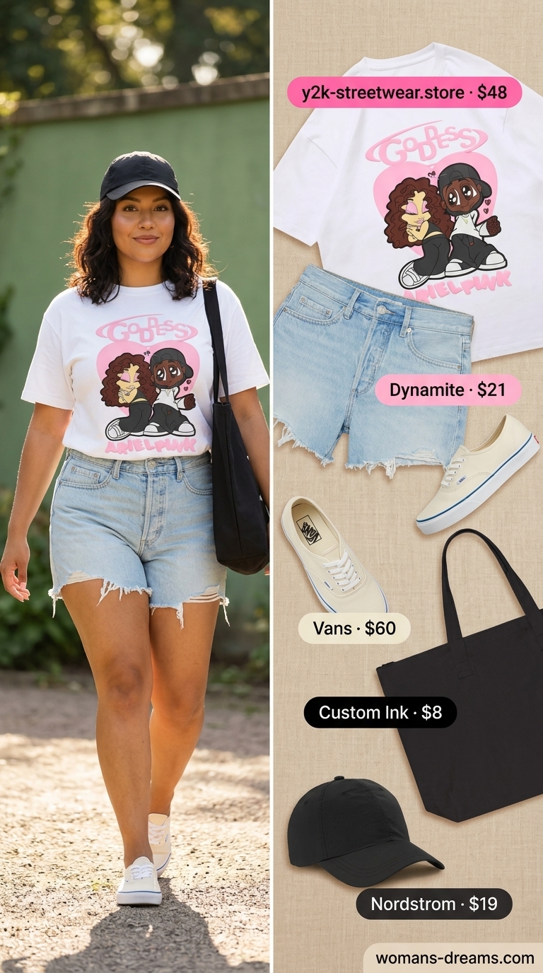 Bold summer fashion outfits for women 2026: Denim shorts, oversized graphic tee, canvas sneakers for casual weekend.