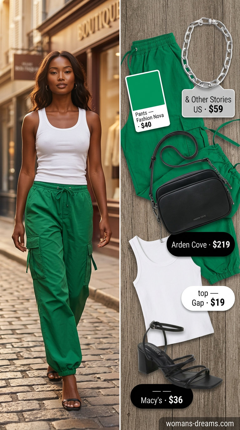 Bold summer fashion outfits for women 2026: Emerald green cargo pants, white tank, silver necklace for city exploration.