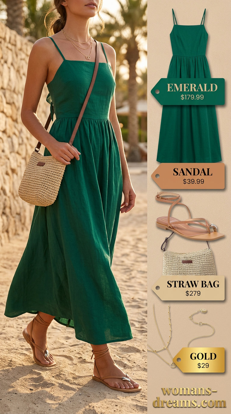 Emerald green maxi dress with tan sandals and straw bag. Bold summer fashion outfits for women 2026.