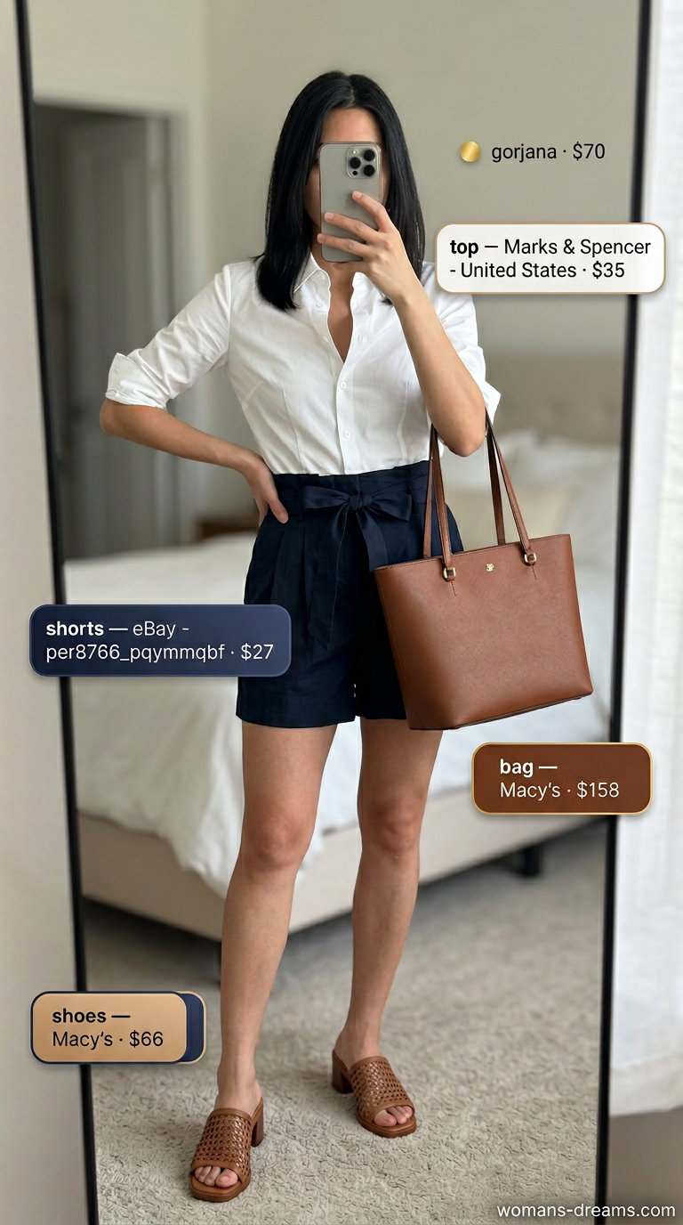 Bold summer fashion outfits for women 2026: Navy tailored shorts, white button-down, tan slides for smart casual.