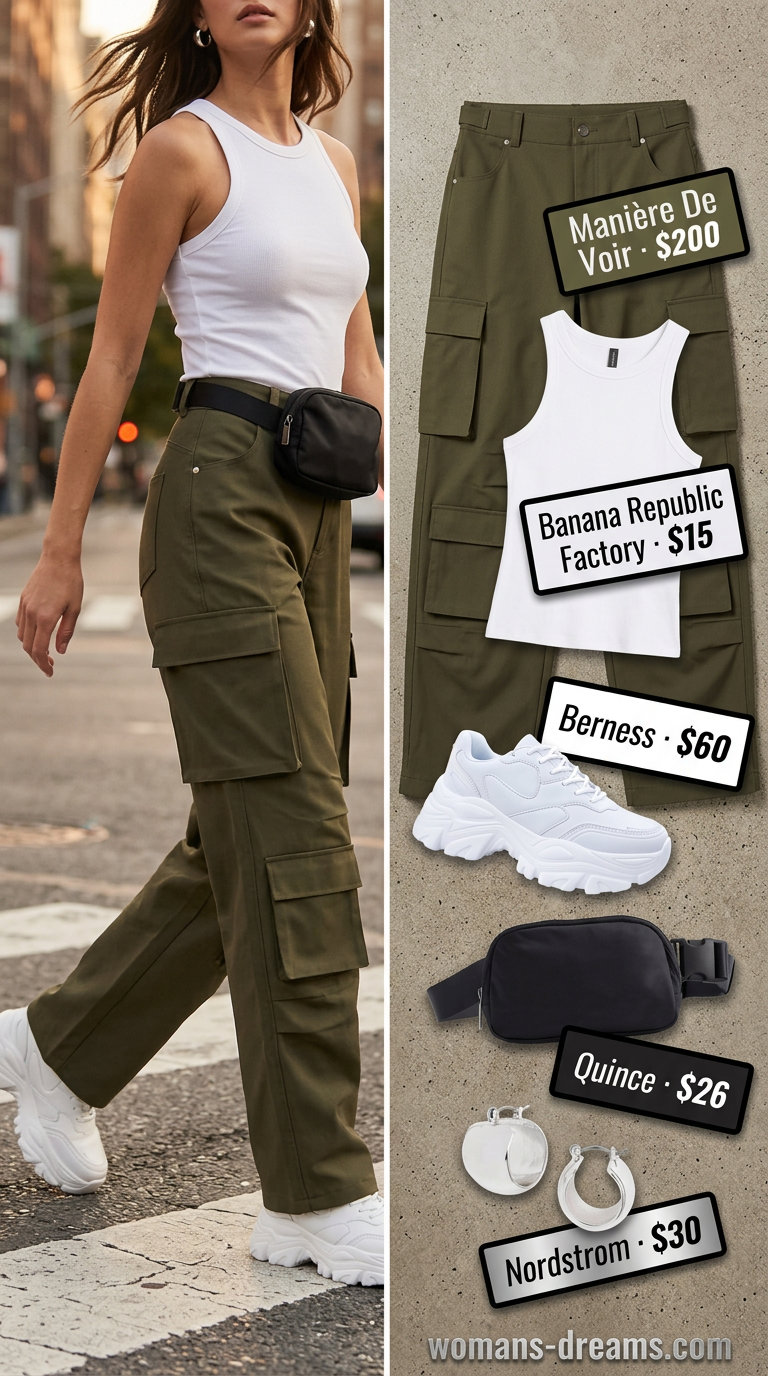 Bold summer fashion outfits for women 2026: Olive green cargo pants, black tank, chunky sneakers for streetwear.