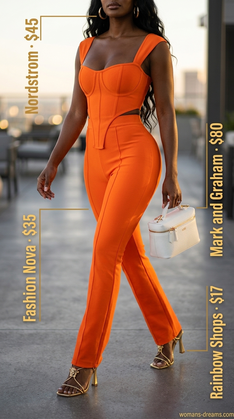 Bold summer fashion outfits for women 2026: Orange wide-leg set, white crossbody, gold hoops for vacation.