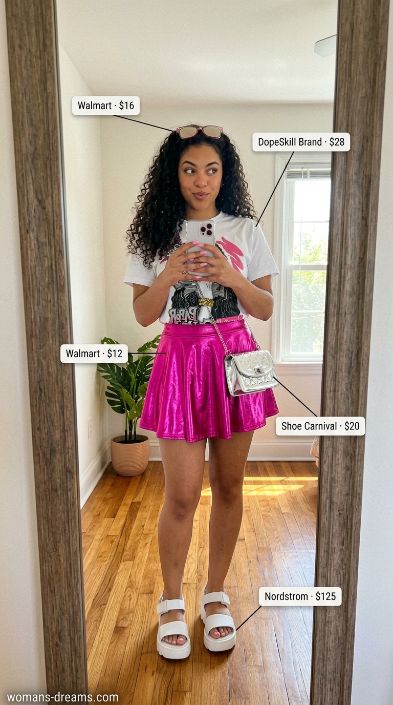 Bold summer fashion outfits for women 2026: Pink mini skirt, graphic tee, platform sandals for a playful day out.