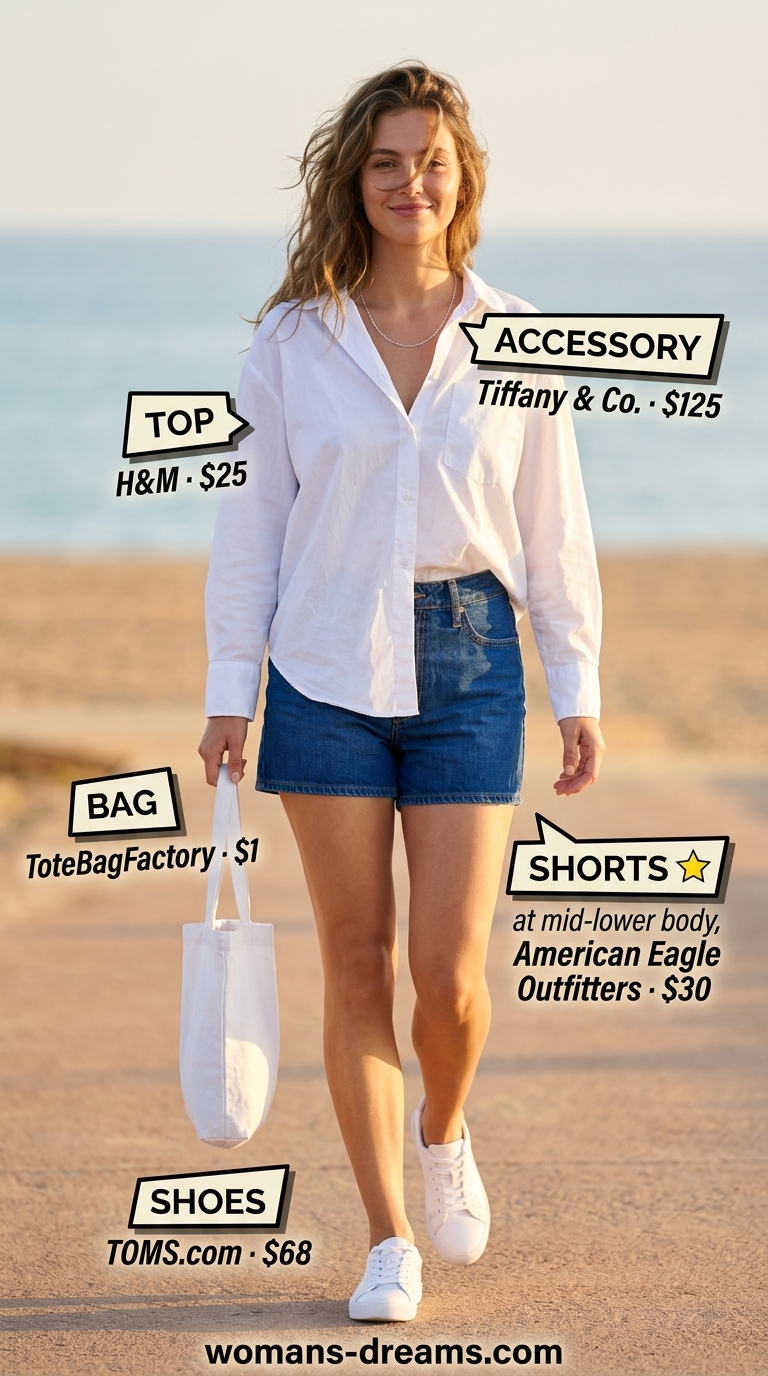 Cobalt blue denim shorts, oversized white shirt, sneakers, tote. Bold summer fashion outfits for women 2026.