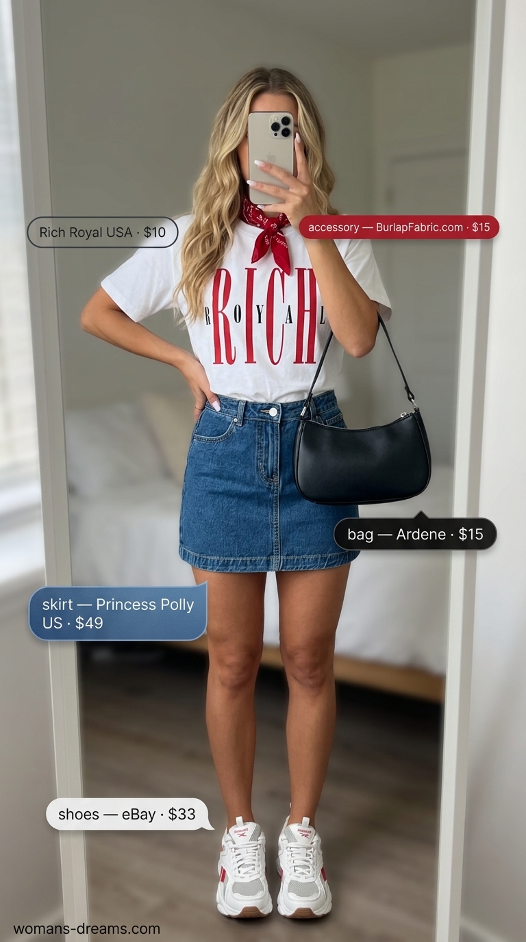 Denim mini skirt, graphic tee, bandana, platform sneakers. Bold summer fashion outfits for women 2026.