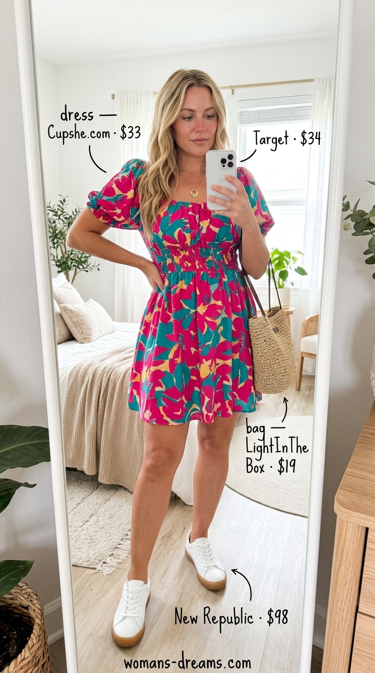 Floral mini dress, white sneakers, crossbody bag, gold necklace. Bold summer fashion outfits for women 2026.