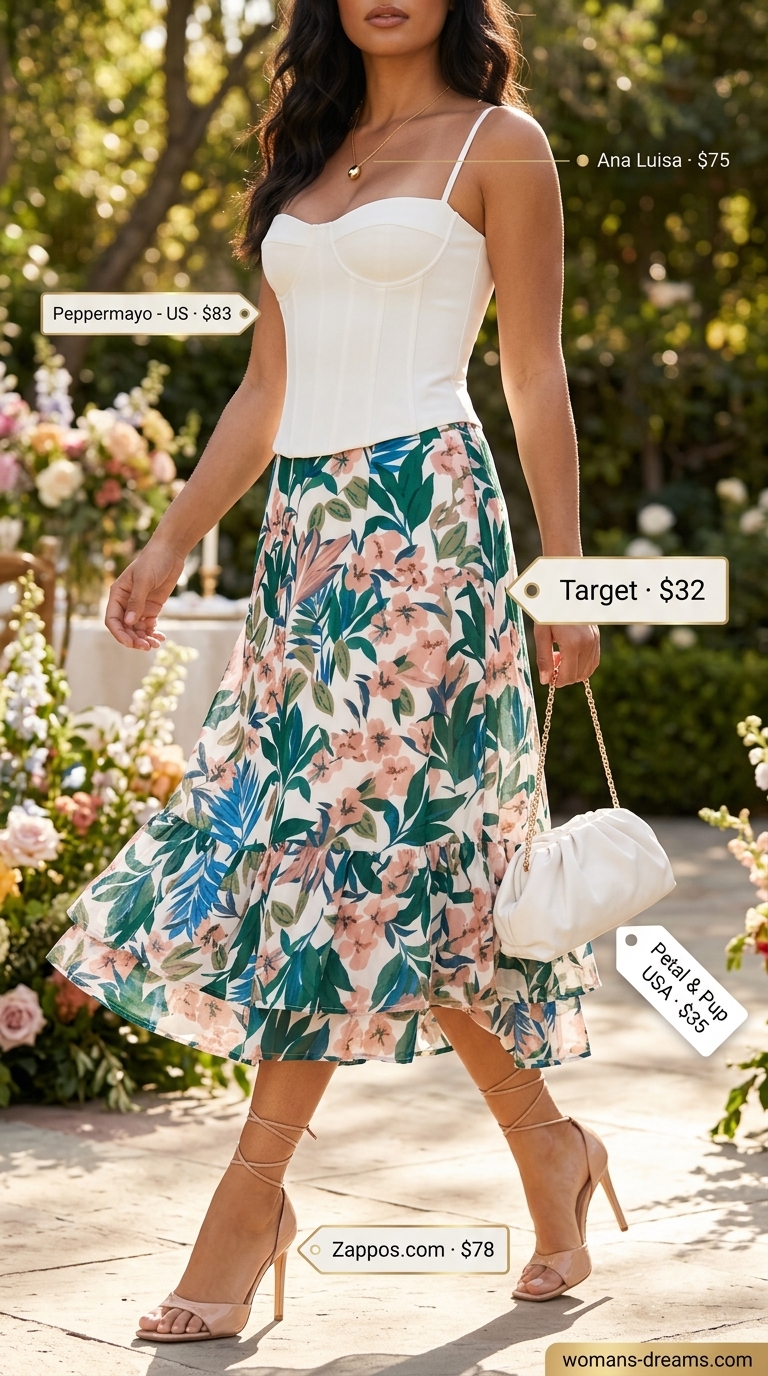 Floral midi skirt, white corset top, strappy heels, clutch. Bold summer fashion outfits for women 2026.