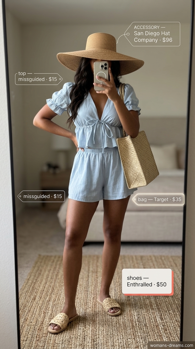 Sky blue linen co-ord set with straw hat and tote. Bold summer fashion outfits for women 2026.