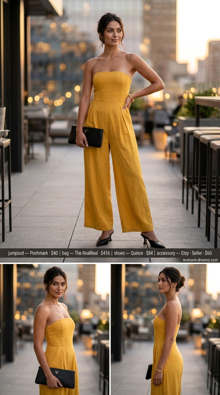 Mustard yellow linen jumpsuit with black heels, clutch, and gold cuff. Bold summer fashion outfits for women 2026.