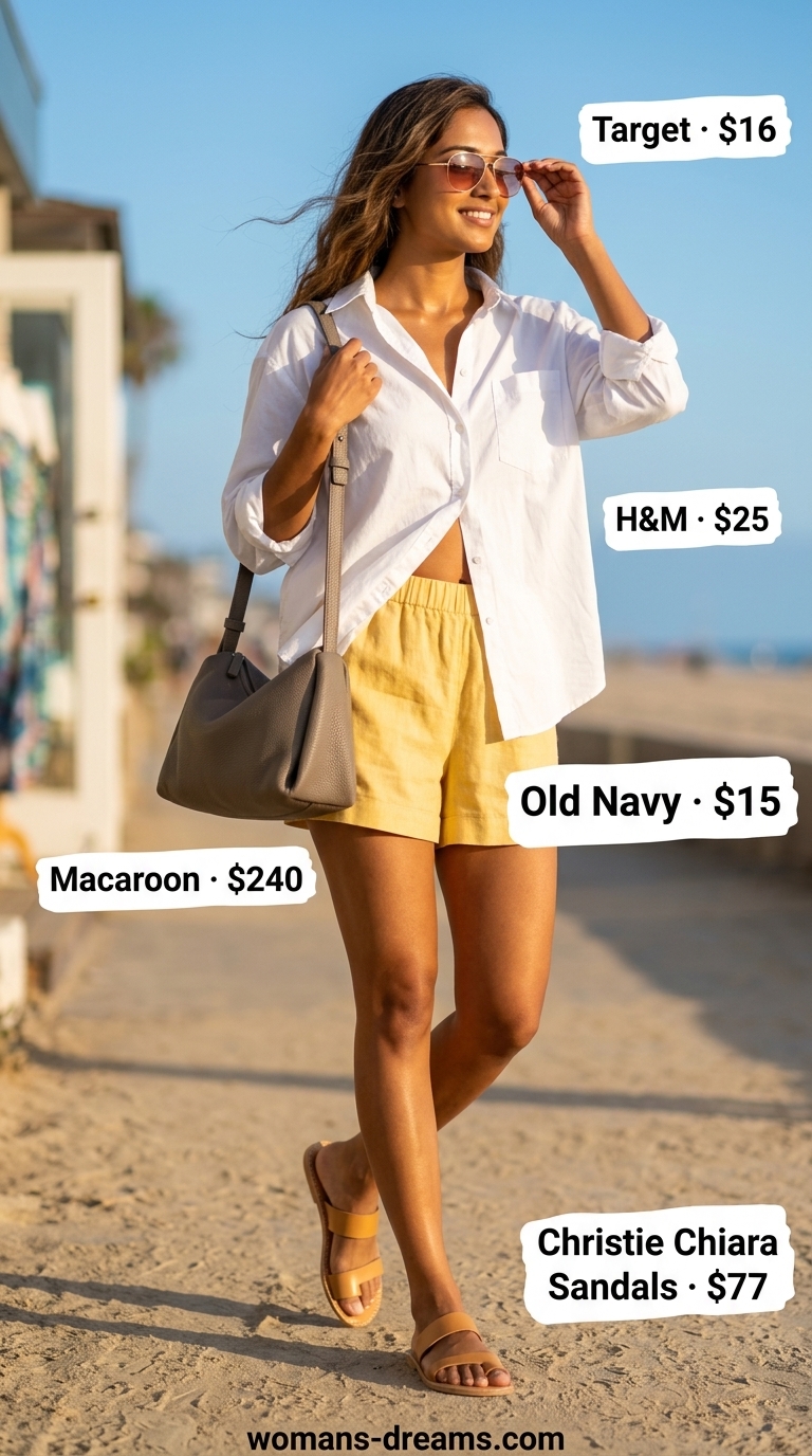 Yellow linen shorts, white oversized shirt, leather slides, hobo bag. Bold summer fashion outfits for women 2026.