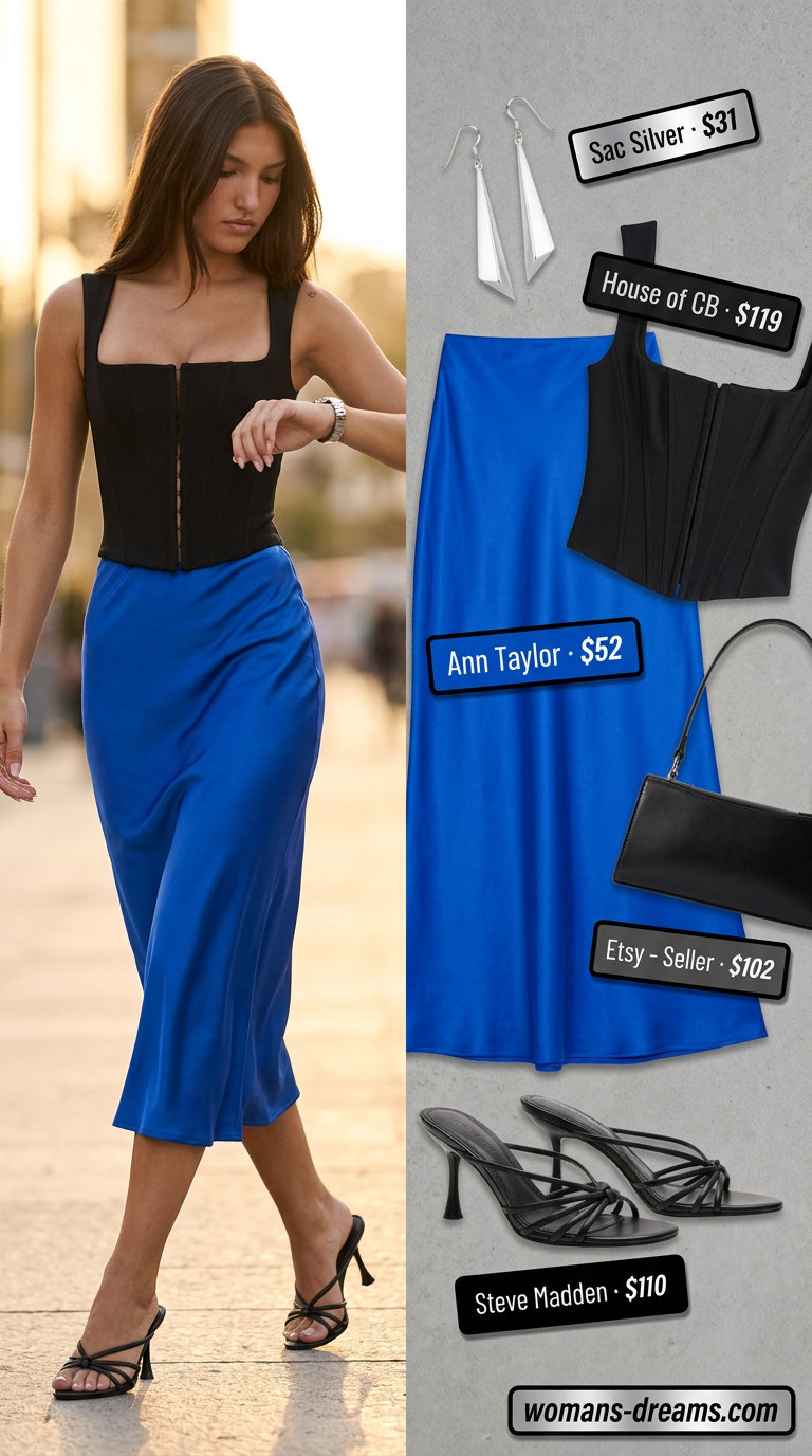 Cobalt blue satin midi skirt, black corset top, heeled sandals. Bold summer fashion outfits for women 2026.
