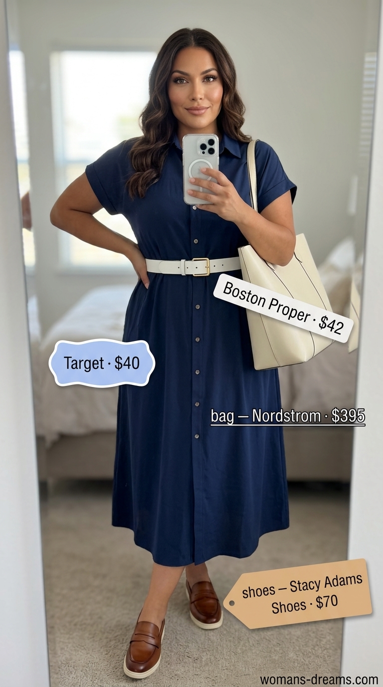 Navy shirt dress with white belt, tan loafers, and structured tote. Bold summer fashion outfits for women 2026.