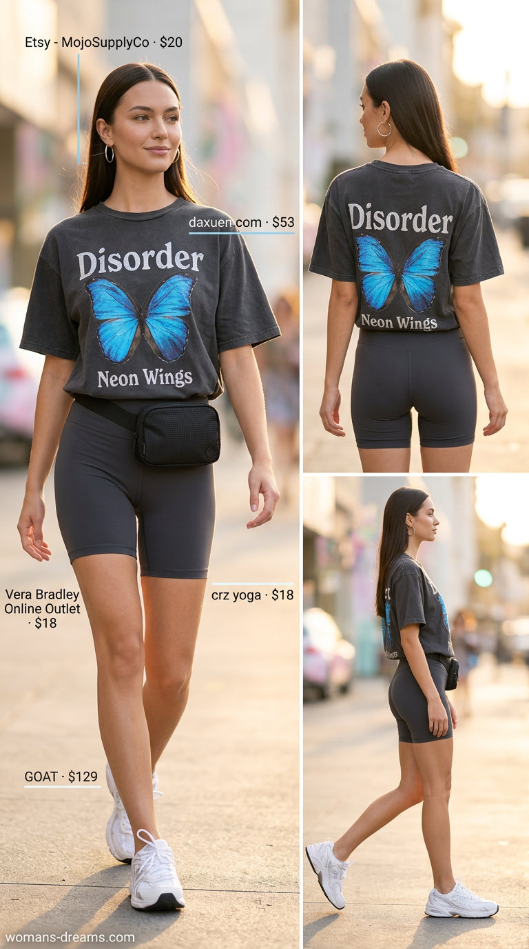 Athleisure butterfly Y2K summer outfit for women 2026: oversized graphic tee, biker shorts, chunky sneakers, mini belt bag.