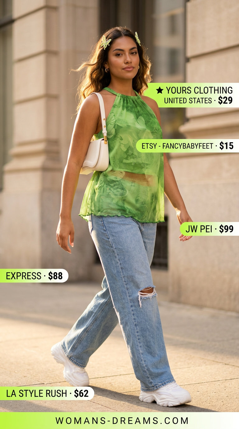 Lime green butterfly crop top, baggy jeans, and platform sneakers for butterfly Y2K summer outfits for women 2026.