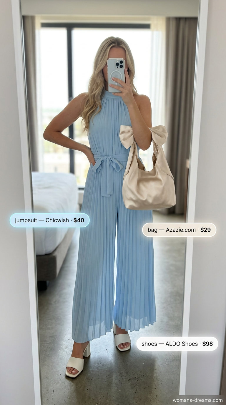 Sky blue wide-leg jumpsuit with pearl accessories for butterfly Y2K summer outfits for women 2026.