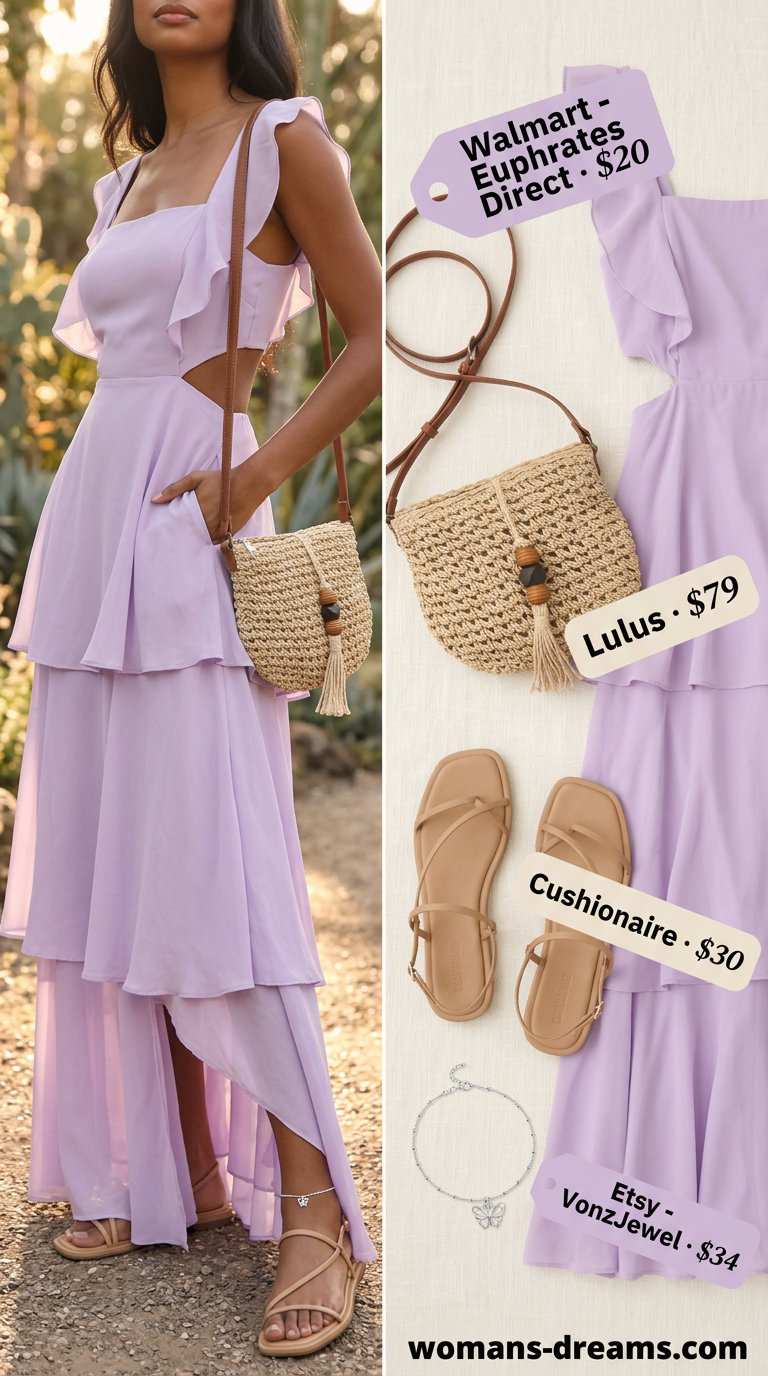 Butterfly Y2K summer outfits for women 2026: Lavender maxi sundress with butterfly print, straw crossbody bag.