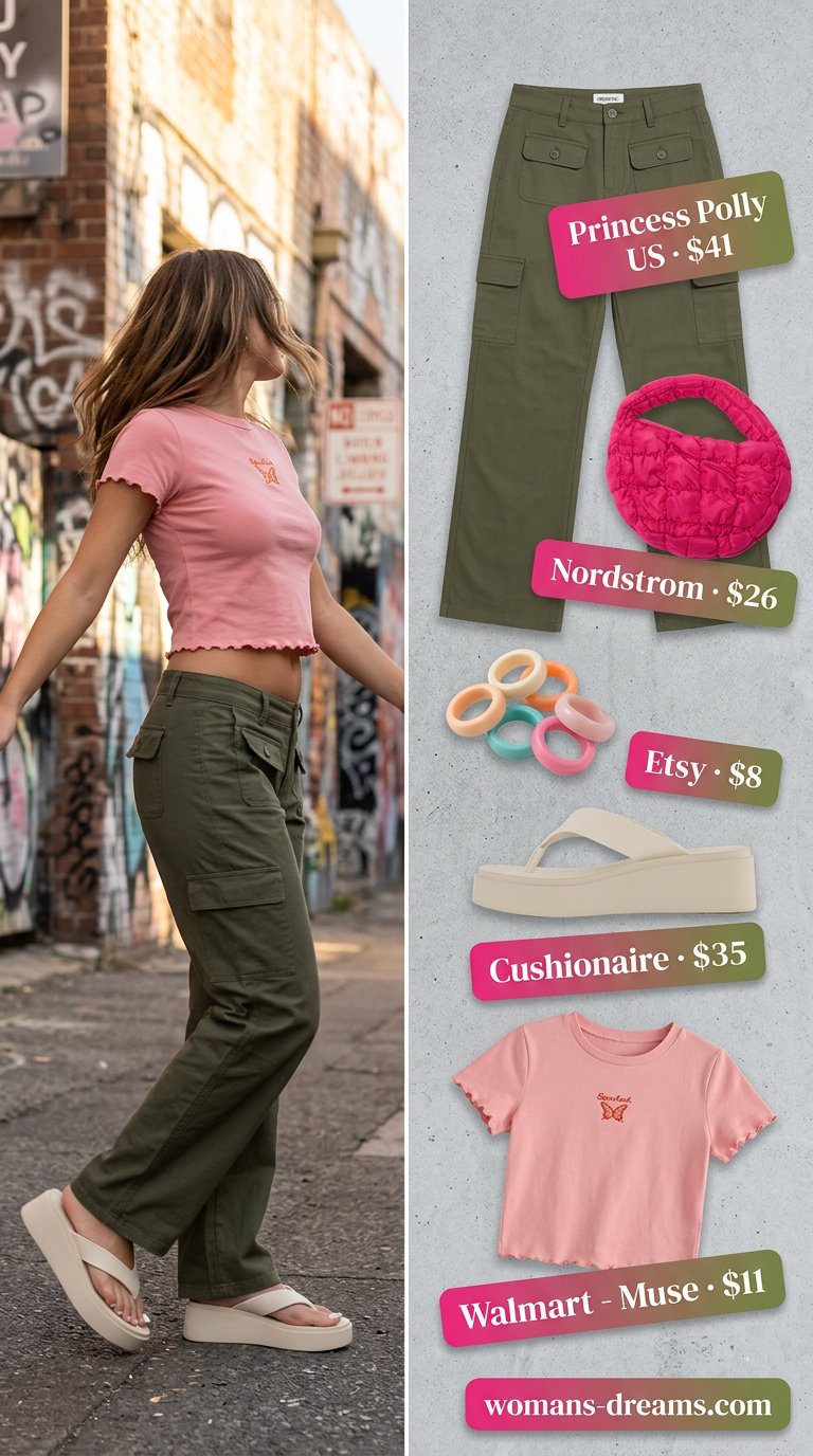 Hot pink butterfly crop top, olive green cargo pants, and chunky sandals for butterfly Y2K summer outfits for women 2026.