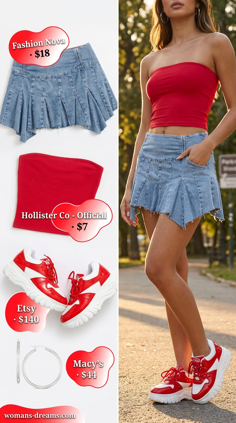 Butterfly Y2K summer outfits for women 2026: Light wash denim mini skirt, cherry red tube top, chunky sneakers.