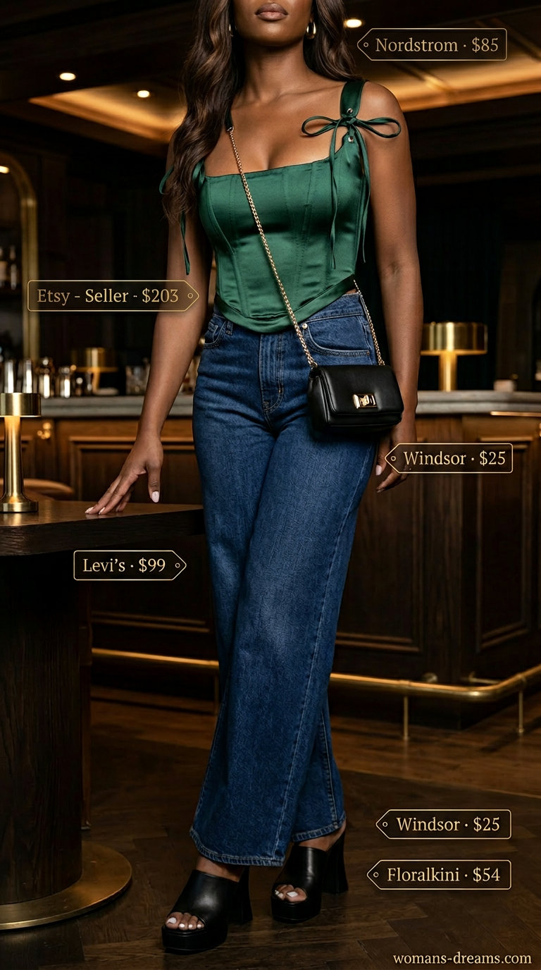 Emerald green satin corset top with butterfly embroidery, dark wash wide-leg jeans for butterfly Y2K summer outfits for women 2026.