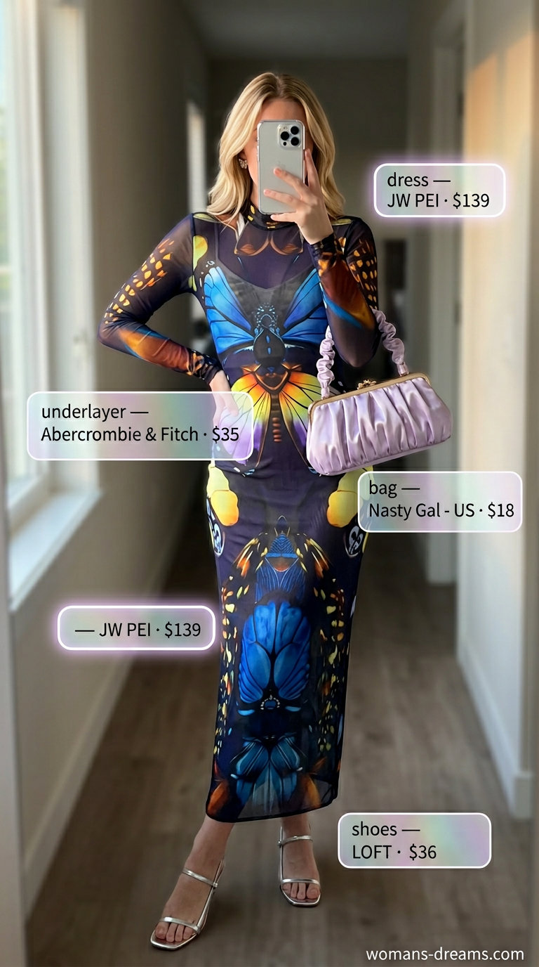 Dreamy butterfly Y2K summer outfit for women 2026: pastel blue slip dress, sheer maxi, kitten heels, baguette bag.