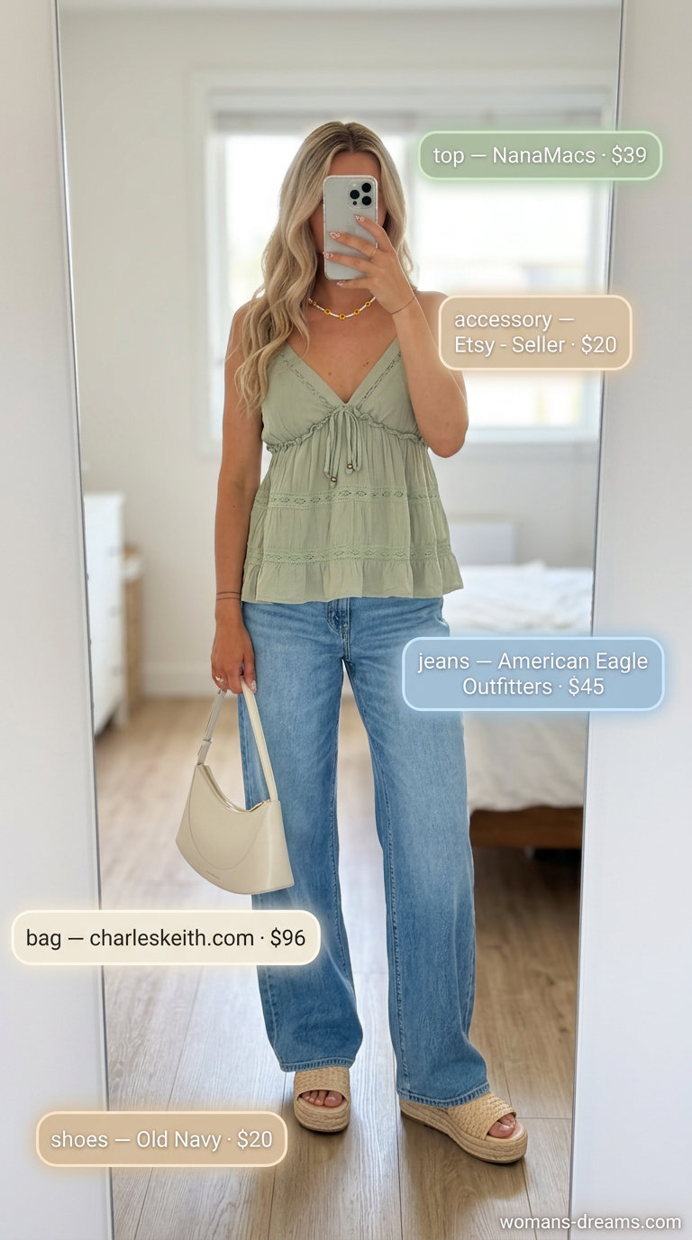 Butterfly Y2K summer outfits for women 2026: Sage green babydoll top, wide-leg jeans with butterfly embroidery, espadrilles.