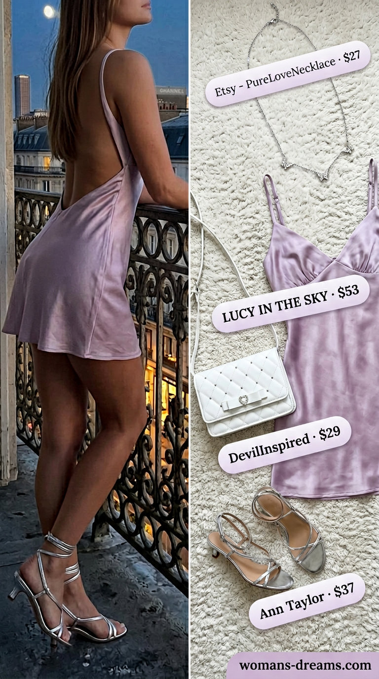 Butterfly Y2K summer outfits for women 2026: Lilac slip dress with iridescent butterfly print, silver kitten heels.