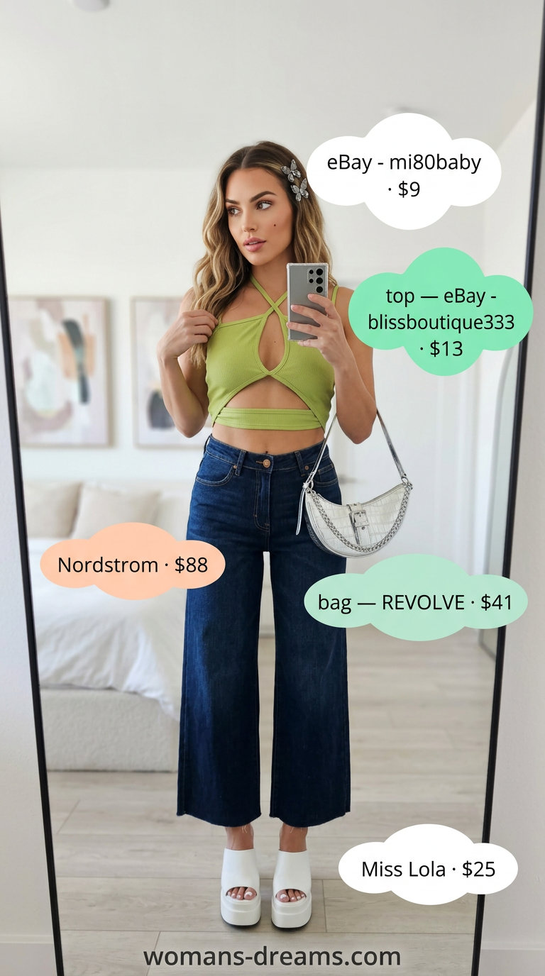 Butterfly Y2K summer outfits for women 2026: Lime green halter top, wide-leg jeans, platform mules, butterfly hair clips.