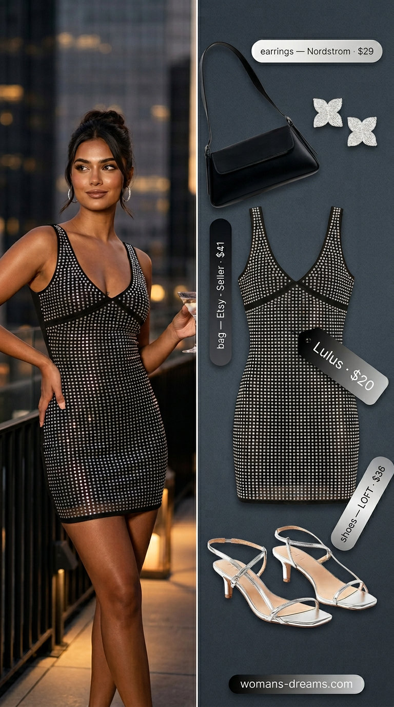 Glamorous butterfly Y2K summer outfit for women 2026: bodycon dress, rhinestone motif, strappy heels, mini baguette bag.