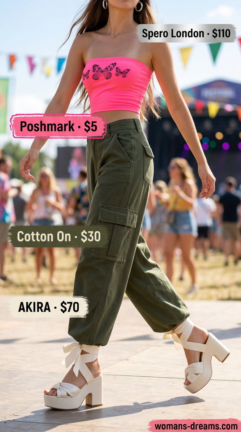 Bold butterfly Y2K summer outfit for women 2026: crop top, cargo pants, platform sandals, mini shoulder bag.