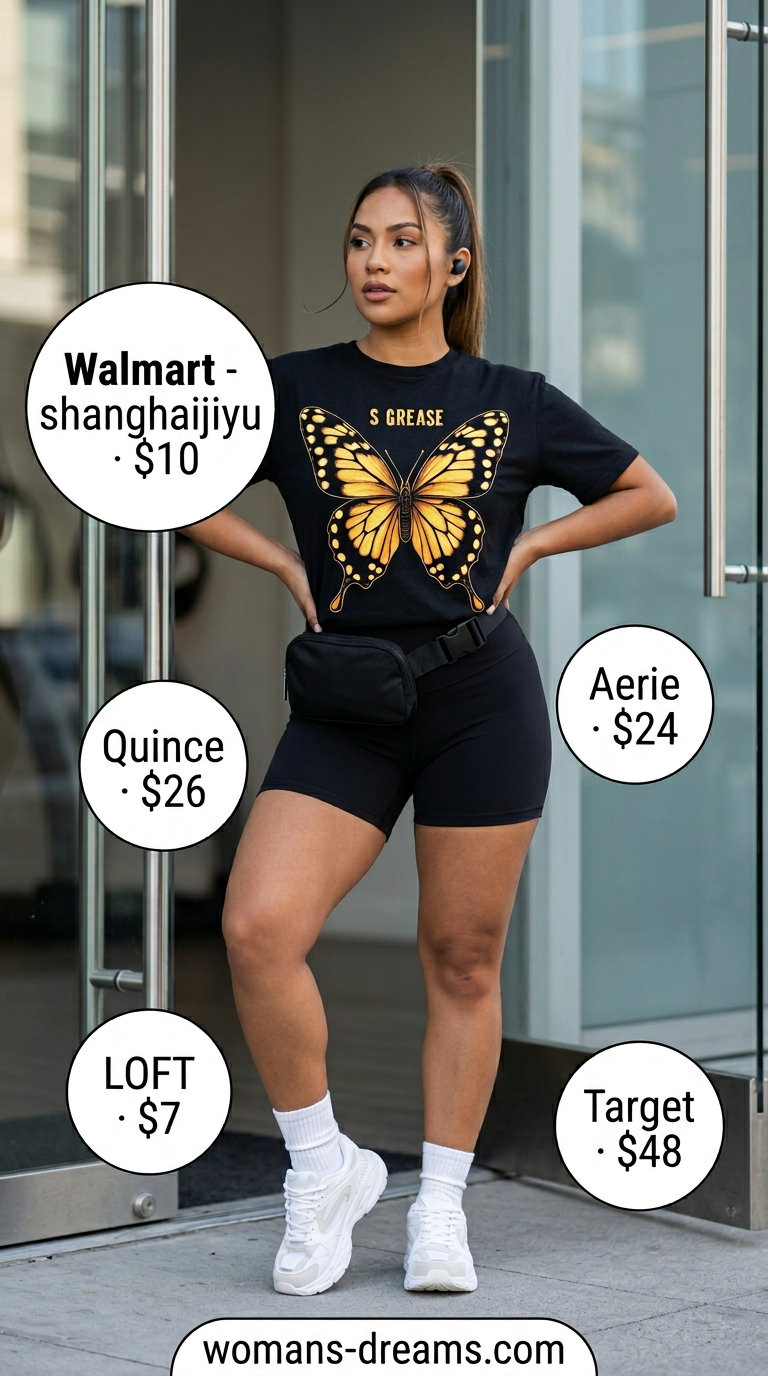 Black oversized tee with neon butterfly print, biker shorts, and athletic sneakers for butterfly Y2K summer outfits for women 2026.