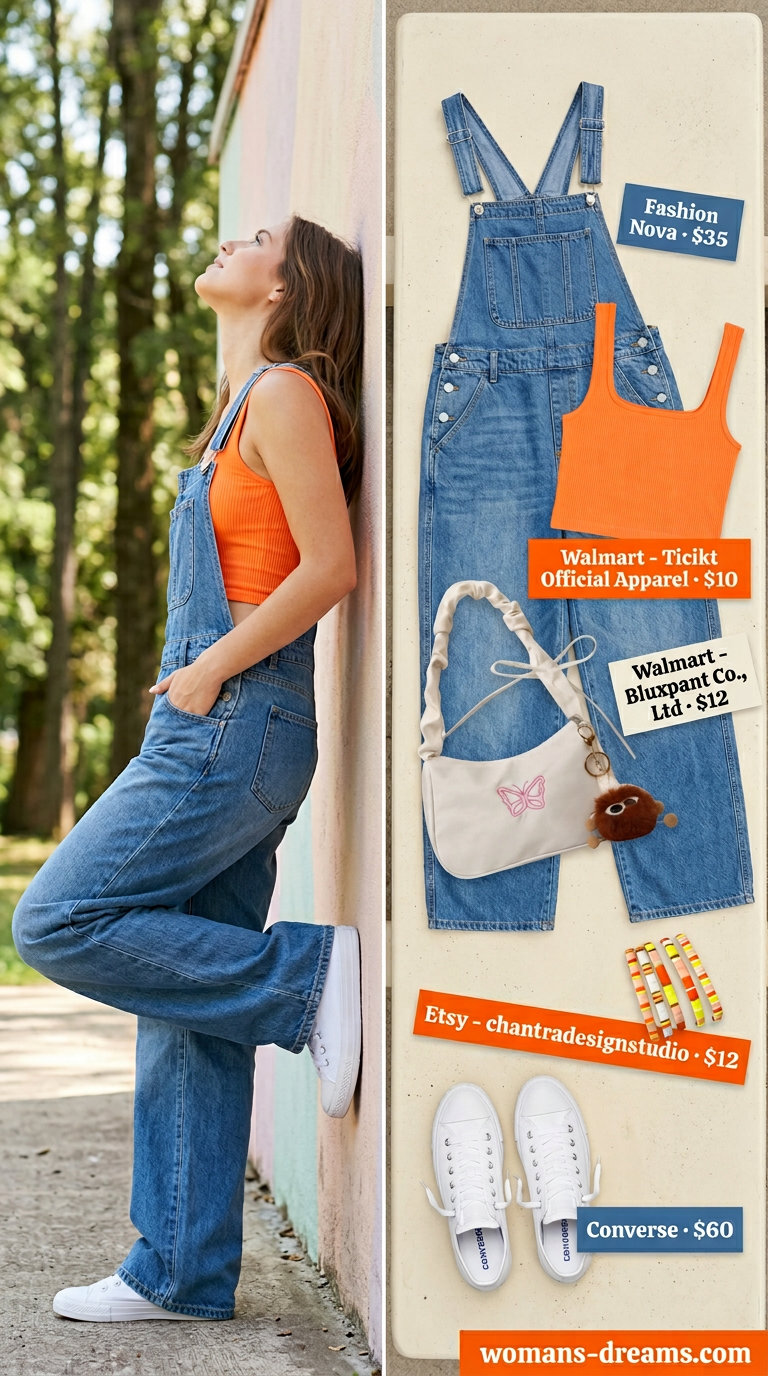 Denim overalls with butterfly patch, bright orange crop top, and white sneakers for butterfly Y2K summer outfits for women 2026.